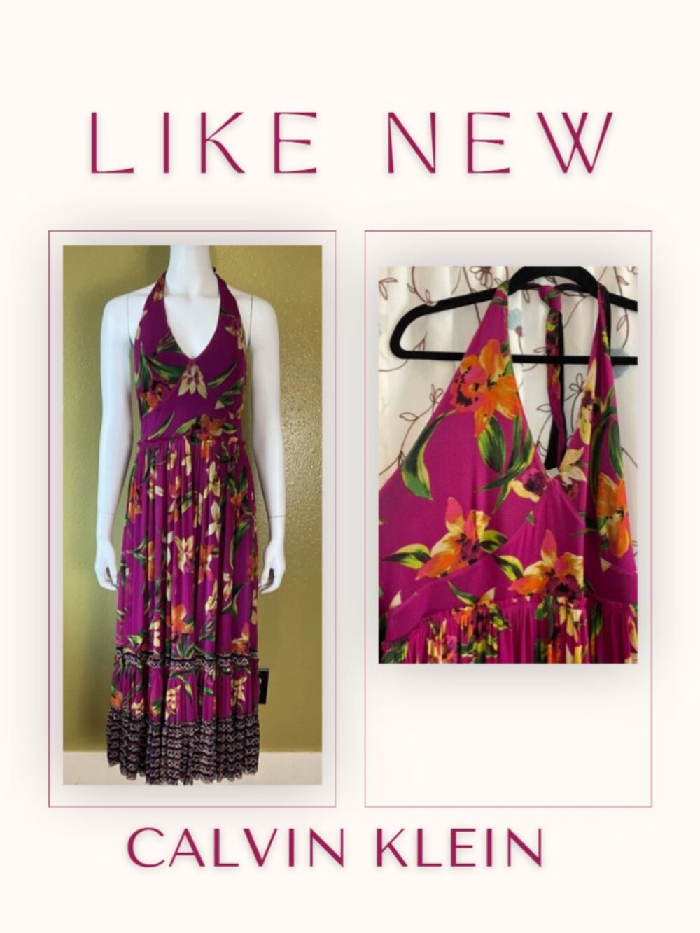 Sz XL Calvin Klein Magenta Floral Halter Maxi Dress